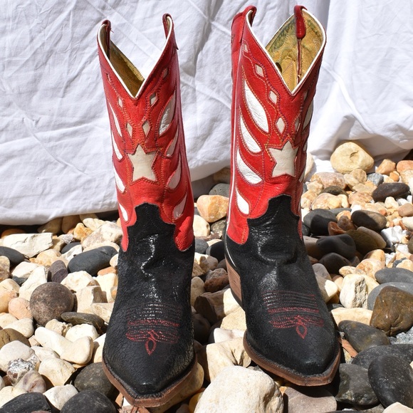 Justin Vintage Western Cowboy Boot Red & Black 7.5 - Picture 2 of 16